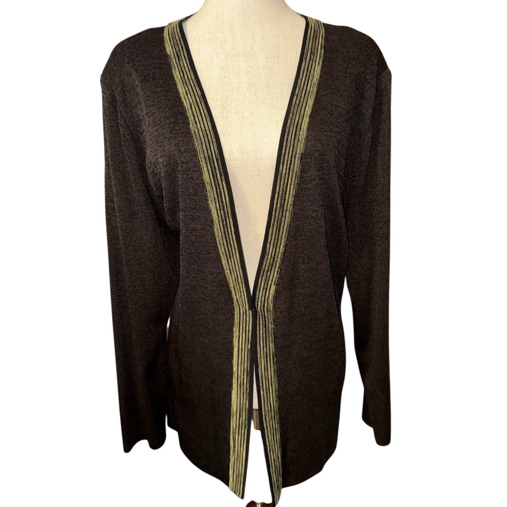 Exclusively Misook Knit Cardigan Jacket Women's 2X Brown Green Trim Classic Chic